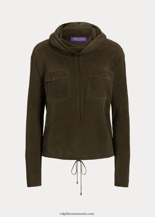 Ralph Lauren naiset suppilokaula-aukkoinen silkki-pellavaverkkopusero 0Z24ZR9291 ikoni oliivi