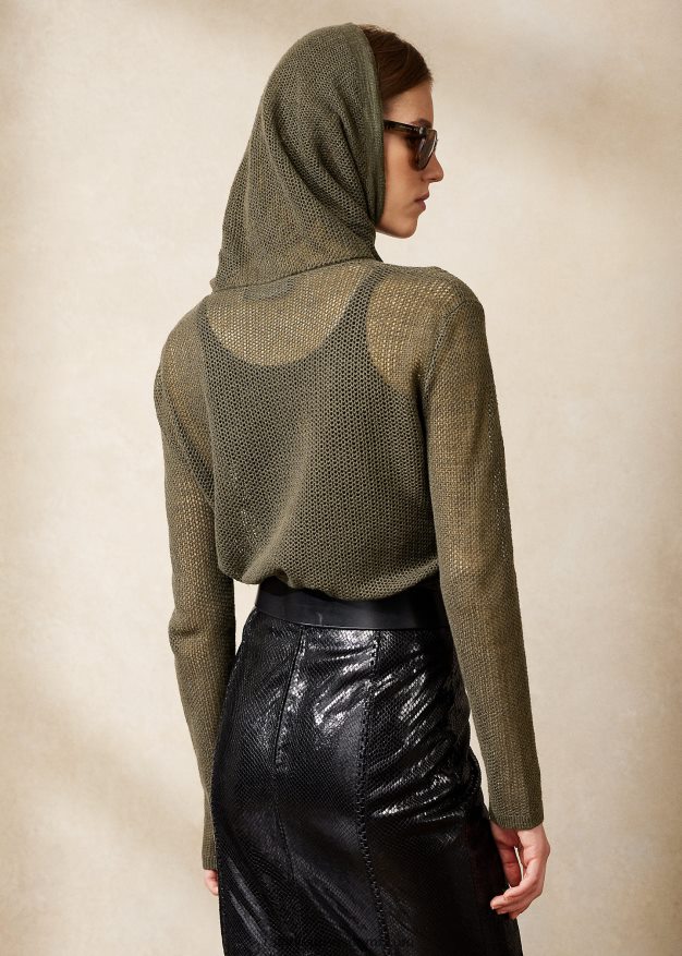 Ralph Lauren naiset suppilokaula-aukkoinen silkki-pellavaverkkopusero 0Z24ZR9291 ikoni oliivi