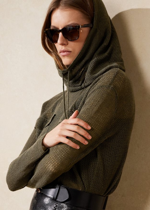 Ralph Lauren naiset suppilokaula-aukkoinen silkki-pellavaverkkopusero 0Z24ZR9291 ikoni oliivi