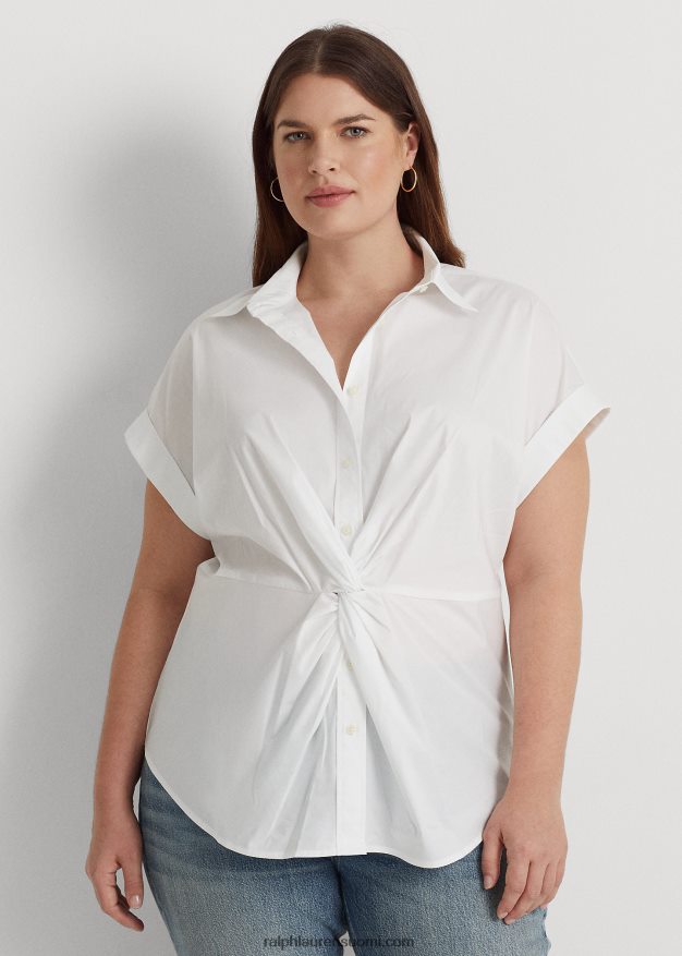 Ralph Lauren naiset Edessä kierretty puuvillainen lyhythihainen paita 0Z24ZR4624 valkoinen