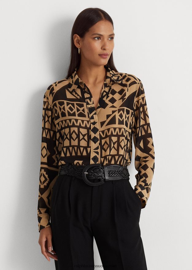 Ralph Lauren naiset geoprintti Georgette-paita 0Z24ZR4882 rusketus/musta
