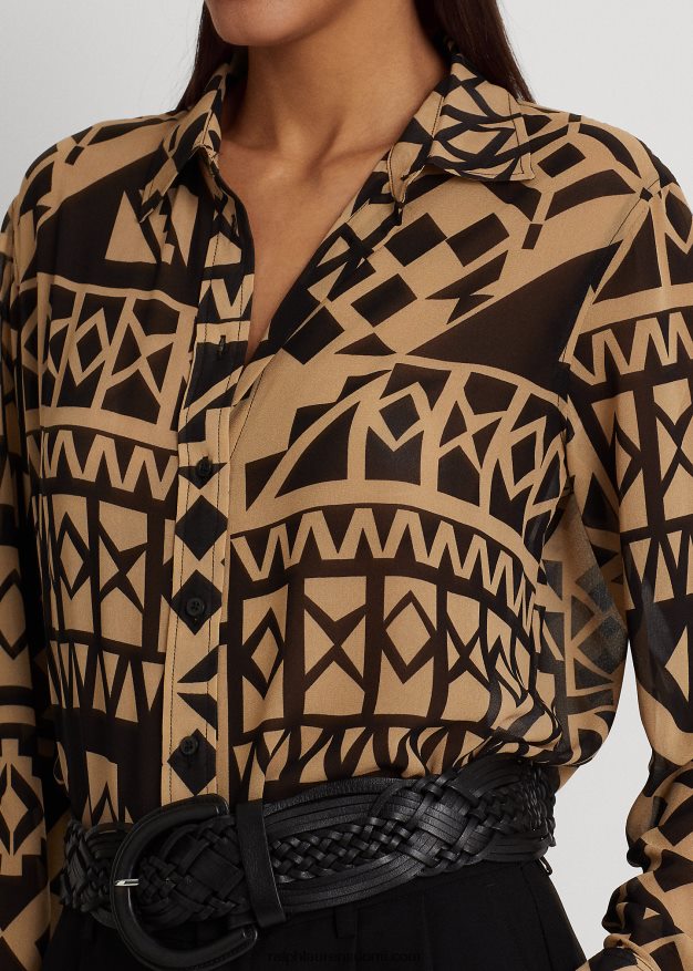 Ralph Lauren naiset geoprintti Georgette-paita 0Z24ZR9535 rusketus/musta