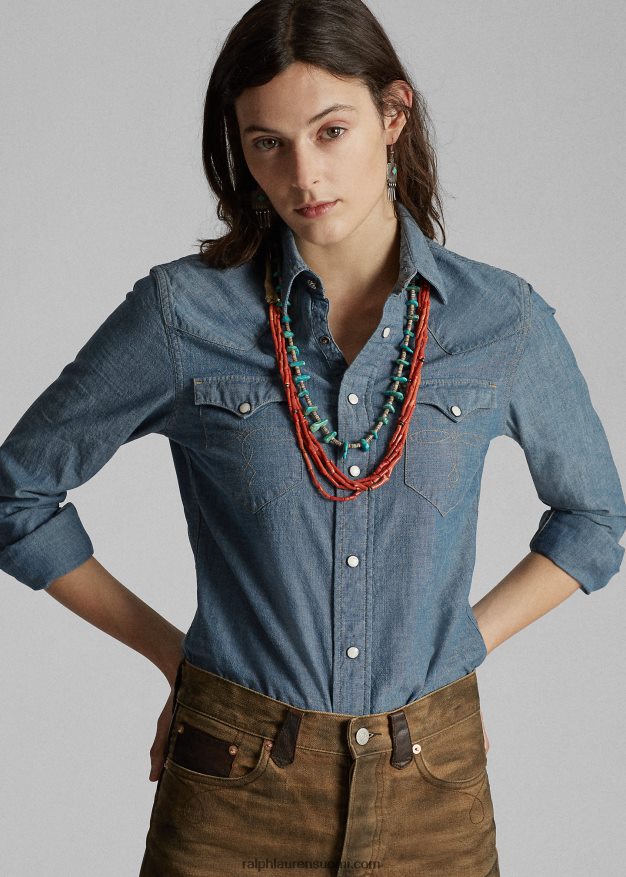 Ralph Lauren naiset indigo chambray länsipaita 0Z24ZR3608 huuhtele