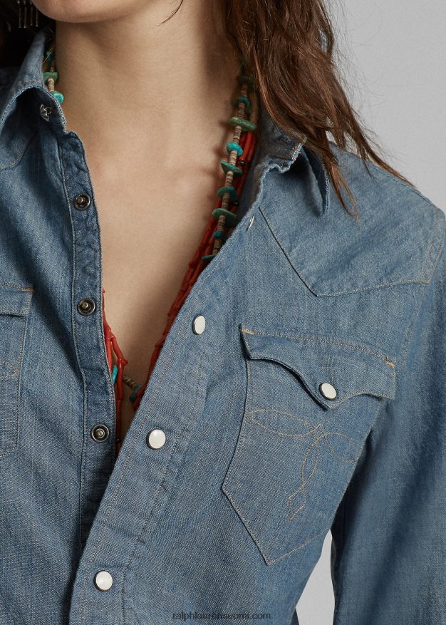 Ralph Lauren naiset indigo chambray länsipaita 0Z24ZR3608 huuhtele