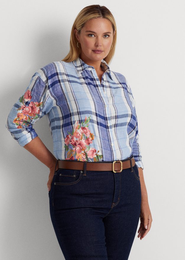 Ralph Lauren naiset kukka- ja ruudullinen pellavapaita 0Z24ZR4610 sinivalkoinen