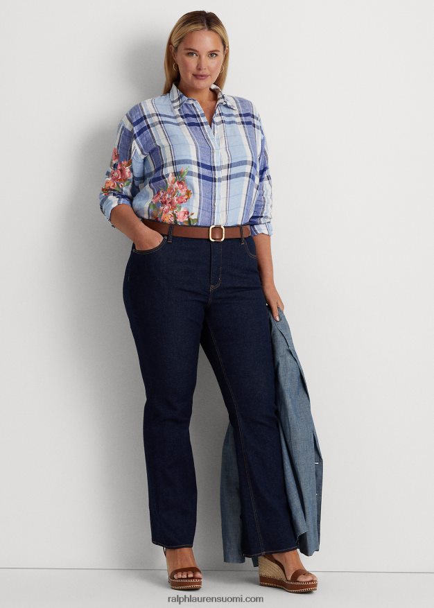 Ralph Lauren naiset kukka- ja ruudullinen pellavapaita 0Z24ZR4610 sinivalkoinen