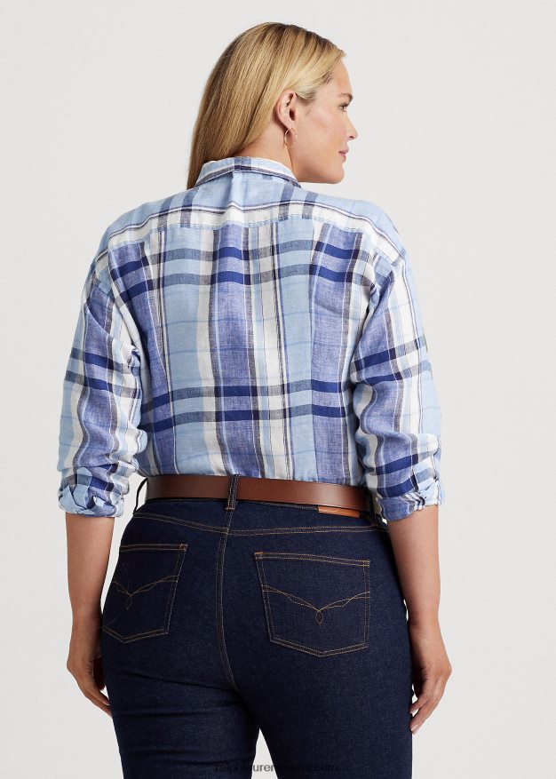 Ralph Lauren naiset kukka- ja ruudullinen pellavapaita 0Z24ZR4610 sinivalkoinen