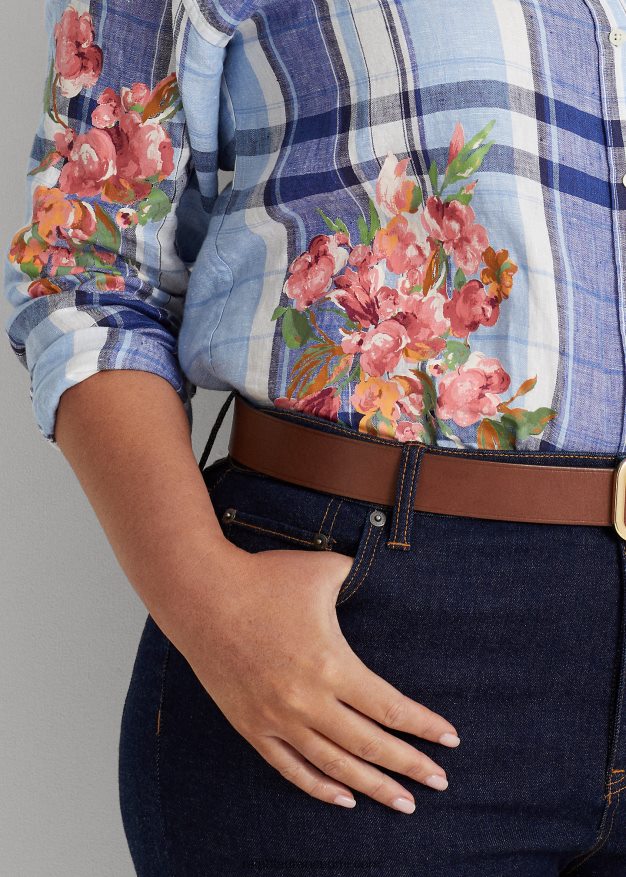 Ralph Lauren naiset kukka- ja ruudullinen pellavapaita 0Z24ZR4610 sinivalkoinen