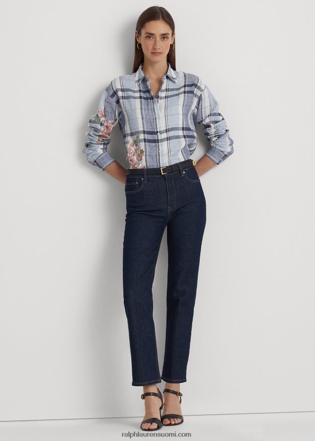 Ralph Lauren naiset kukka- ja ruudullinen pellavapaita 0Z24ZR4836 sinivalkoinen