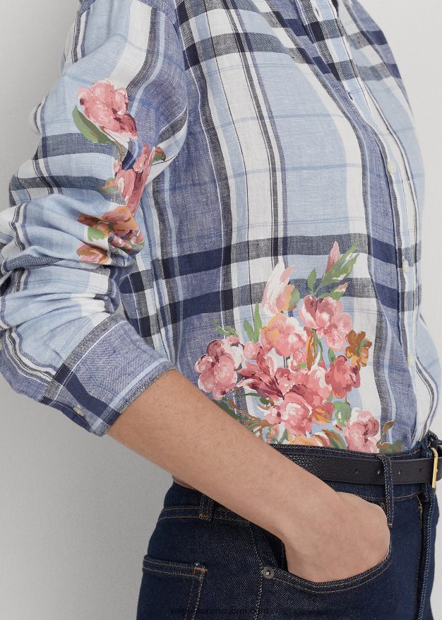 Ralph Lauren naiset kukka- ja ruudullinen pellavapaita 0Z24ZR4836 sinivalkoinen