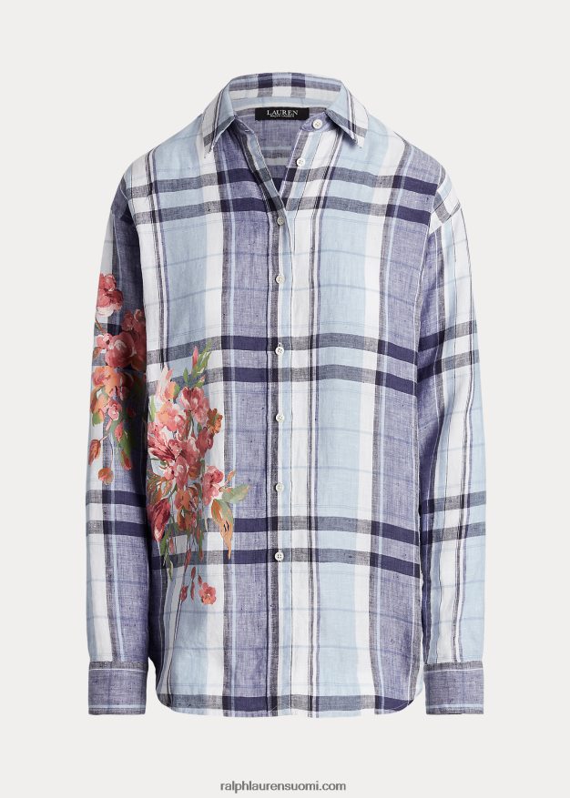 Ralph Lauren naiset kukka- ja ruudullinen pellavapaita 0Z24ZR9424 sinivalkoinen