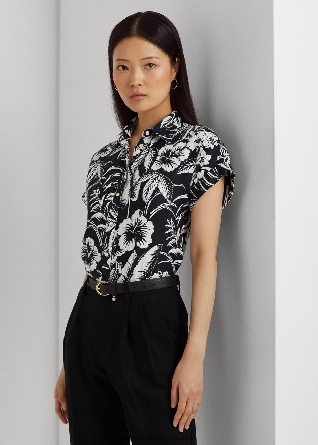 Ralph Lauren naiset kukkainen pellava lyhythihainen paita 0Z24ZR3857 musta valkoinen