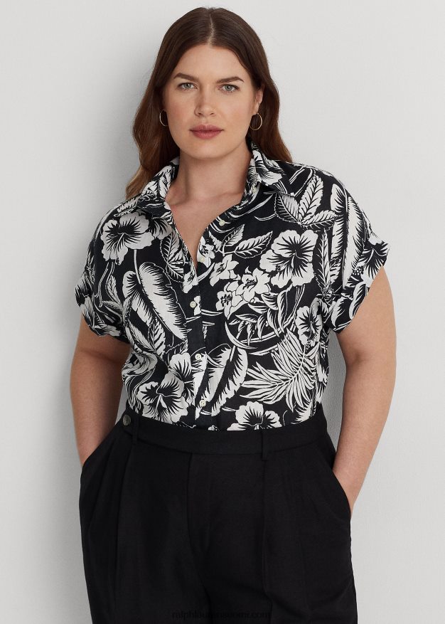 Ralph Lauren naiset kukkainen pellava lyhythihainen paita 0Z24ZR4528 musta valkoinen