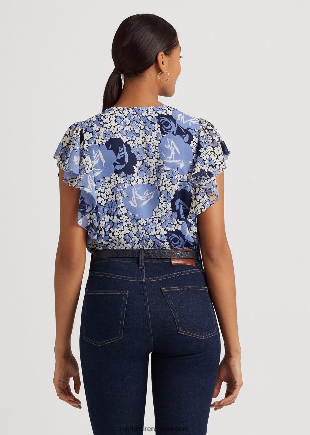 Ralph Lauren naiset kukkainen ryppyinen Georgette-paita 0Z24ZR3973 sininen/kerma/laivasto