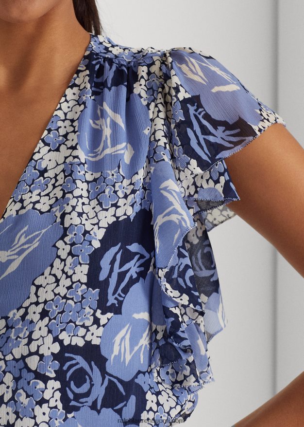 Ralph Lauren naiset kukkainen ryppyinen Georgette-paita 0Z24ZR3973 sininen/kerma/laivasto