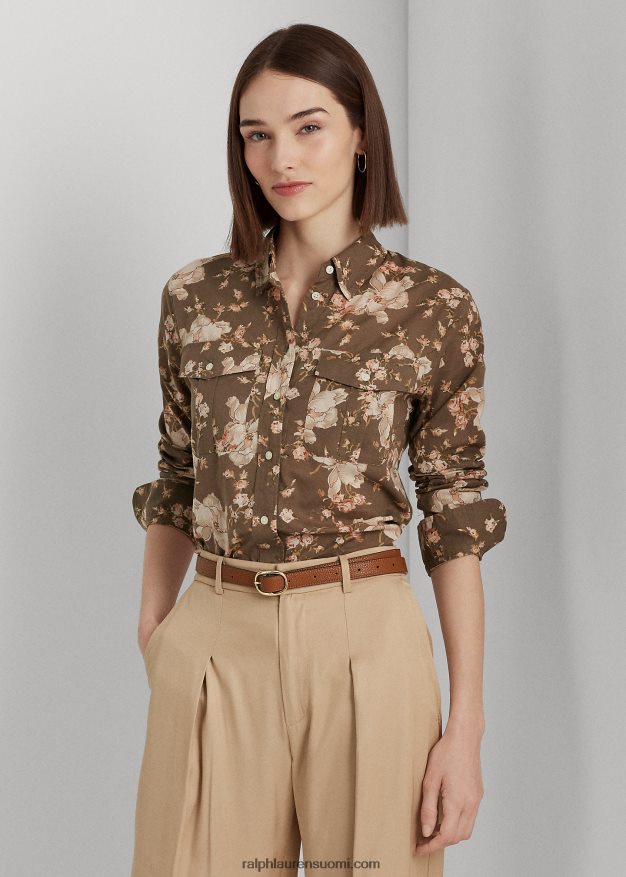 Ralph Lauren naiset kukkapuuvillainen voile-paita 0Z24ZR3786 taupe/kerma/vaaleanpunainen