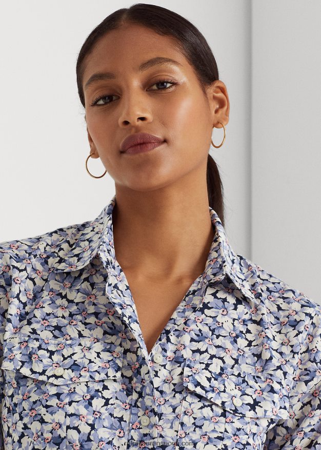 Ralph Lauren naiset kukkapuuvillainen voile-paita 0Z24ZR3967 sininen/kerma/vaaleanpunainen