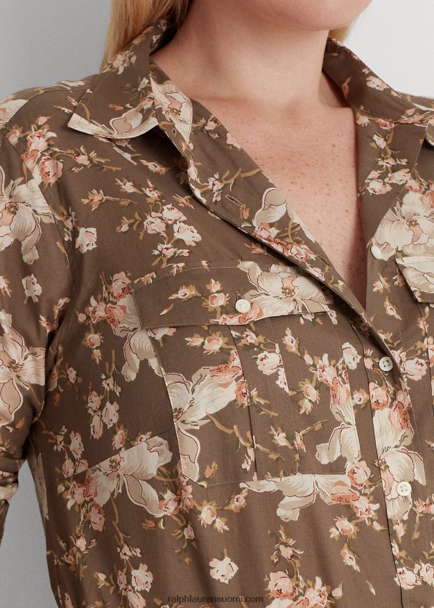 Ralph Lauren naiset kukkapuuvillainen voile-paita 0Z24ZR4505 taupe/kerma/vaaleanpunainen