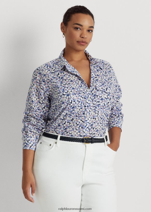 Ralph Lauren naiset kukkapuuvillainen voile-paita 0Z24ZR4618 sininen/kerma/vaaleanpunainen