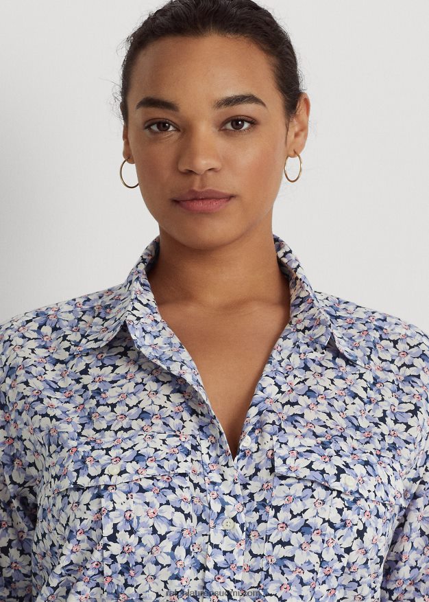 Ralph Lauren naiset kukkapuuvillainen voile-paita 0Z24ZR4618 sininen/kerma/vaaleanpunainen