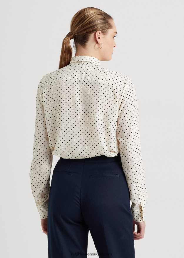 Ralph Lauren naiset pilkullinen solmittava kreppipaita 0Z24ZR4063 pergamentti kerma/laivasto