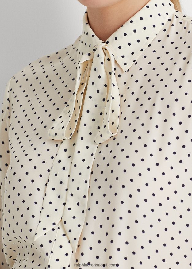 Ralph Lauren naiset pilkullinen solmittava kreppipaita 0Z24ZR4063 pergamentti kerma/laivasto