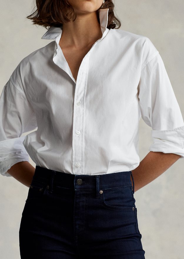 Ralph Lauren naiset puuvillainen leveä kangaspaita 0Z24ZR3341 valkoinen