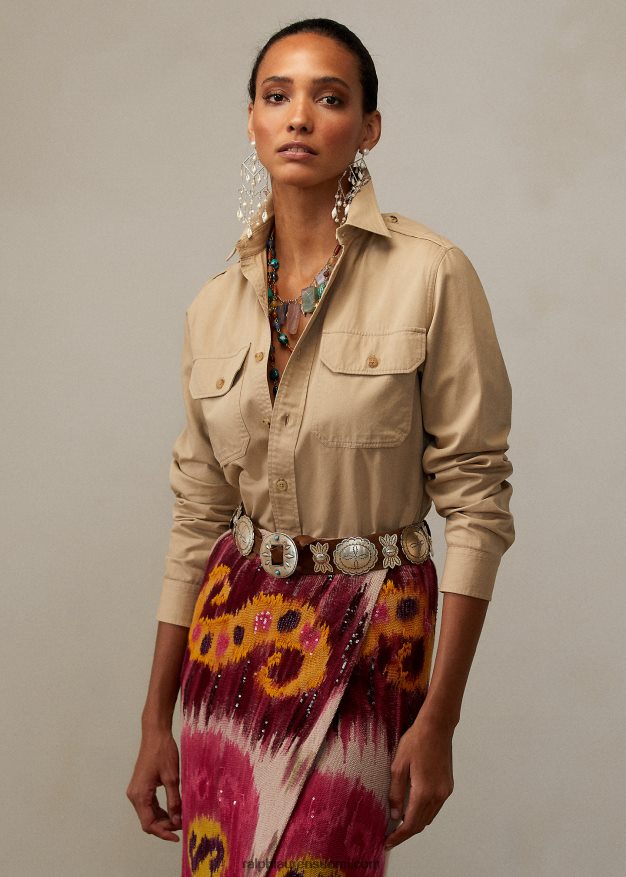 Ralph Lauren naiset puuvillatvilli tility paita 0Z24ZR9335 rusketus