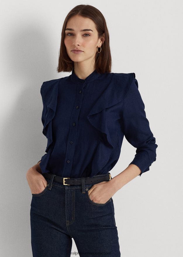 Ralph Lauren naiset röyhelöinen pellavapaita 0Z24ZR4080 hienostunut laivasto