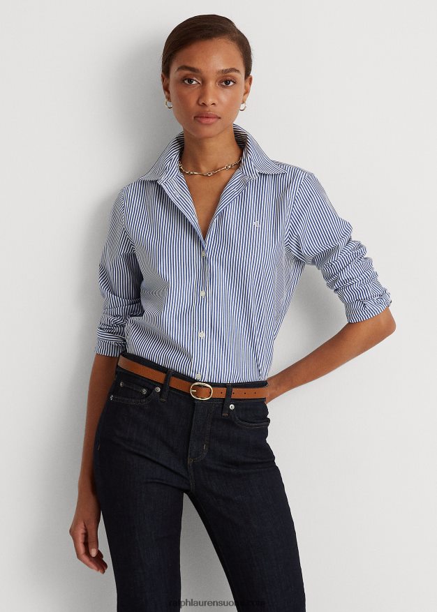 Ralph Lauren naiset raidallinen helppohoitoinen puuvillapaita 0Z24ZR4483 sinivalkoinen