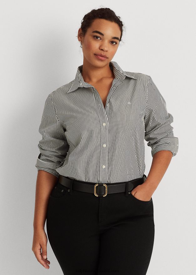 Ralph Lauren naiset raidallinen helppohoitoinen puuvillapaita 0Z24ZR4726 musta valkoinen