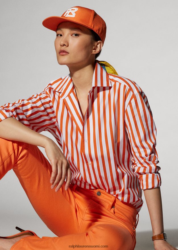 Ralph Lauren naiset raidallinen puuvillapaita 0Z24ZR9338 unikon oranssi/valkoinen