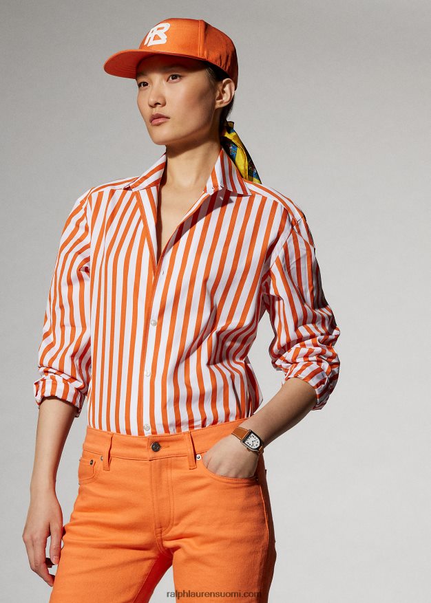 Ralph Lauren naiset raidallinen puuvillapaita 0Z24ZR9338 unikon oranssi/valkoinen