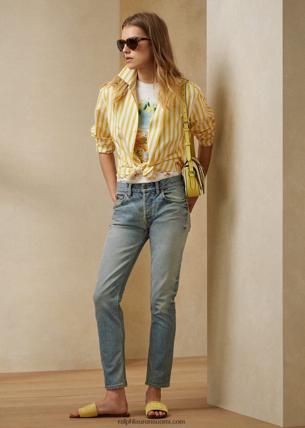 Ralph Lauren naiset raidallinen puuvillapaita 0Z24ZR9339 klassinen keltainen/valkoinen