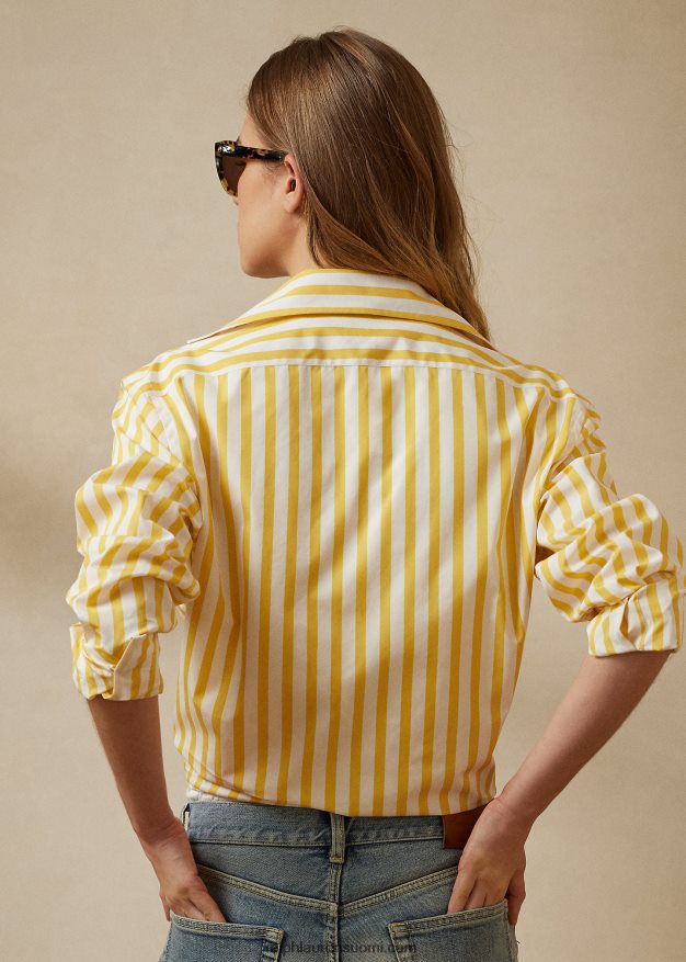 Ralph Lauren naiset raidallinen puuvillapaita 0Z24ZR9339 klassinen keltainen/valkoinen