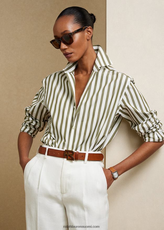 Ralph Lauren naiset raidallinen puuvillapaita 0Z24ZR9342 oliivi/valkoinen