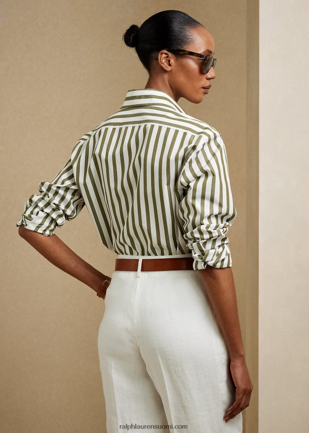 Ralph Lauren naiset raidallinen puuvillapaita 0Z24ZR9342 oliivi/valkoinen