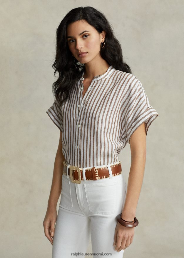 Ralph Lauren naiset rennon istuvuuden pellava lyhythihainen paita 0Z24ZR2916 hunter ruskea/valkoinen raita