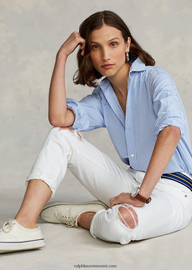 Ralph Lauren naiset rento istuvuus raidallinen puuvillapaita 0Z24ZR3281 keskisininen/valkoinen