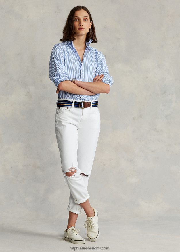 Ralph Lauren naiset rento istuvuus raidallinen puuvillapaita 0Z24ZR3281 keskisininen/valkoinen