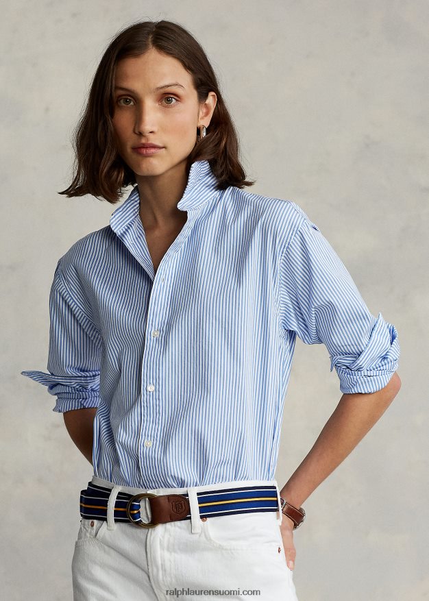 Ralph Lauren naiset rento istuvuus raidallinen puuvillapaita 0Z24ZR3281 keskisininen/valkoinen
