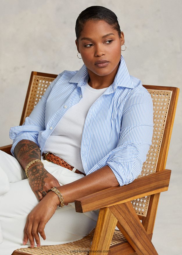 Ralph Lauren naiset rento istuvuus raidallinen puuvillapaita 0Z24ZR3281 keskisininen/valkoinen