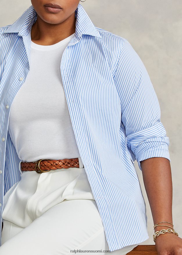 Ralph Lauren naiset rento istuvuus raidallinen puuvillapaita 0Z24ZR3281 keskisininen/valkoinen