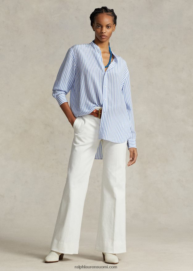 Ralph Lauren naiset rento istuvuus raidallinen silkkipaita 0Z24ZR3212 1345 valkoinen/sininen
