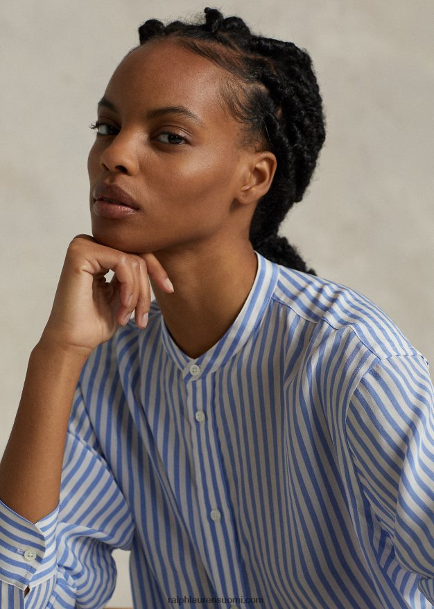 Ralph Lauren naiset rento istuvuus raidallinen silkkipaita 0Z24ZR3212 1345 valkoinen/sininen