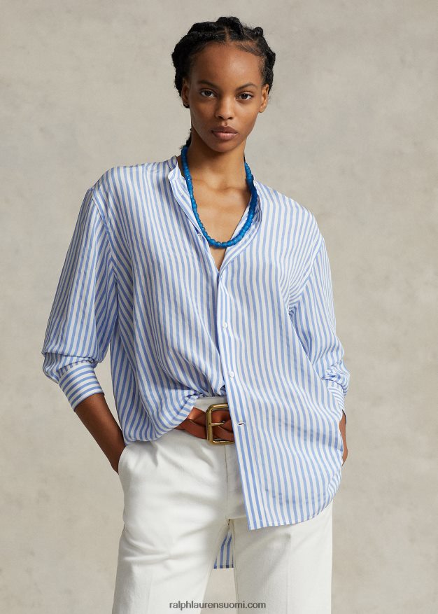 Ralph Lauren naiset rento istuvuus raidallinen silkkipaita 0Z24ZR3212 1345 valkoinen/sininen