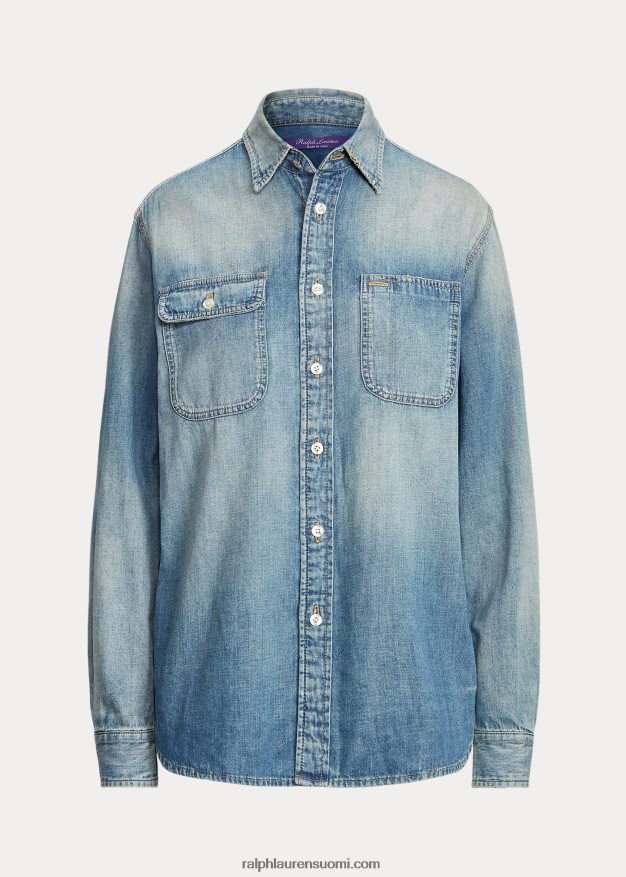 Ralph Lauren naiset tamia puuvilla-pellava denim paita 0Z24ZR3467 vaalea indigo