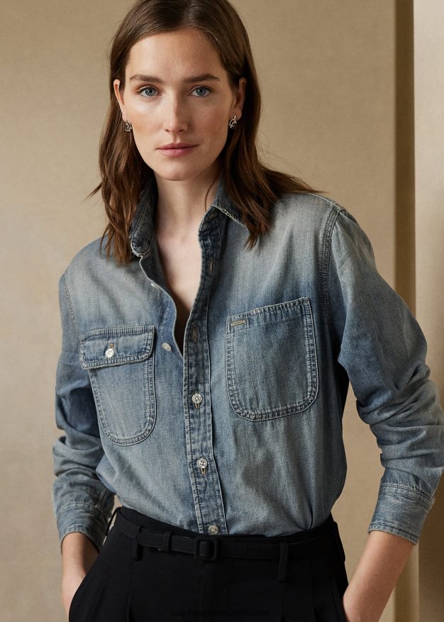 Ralph Lauren naiset tamia puuvilla-pellava denim paita 0Z24ZR3467 vaalea indigo