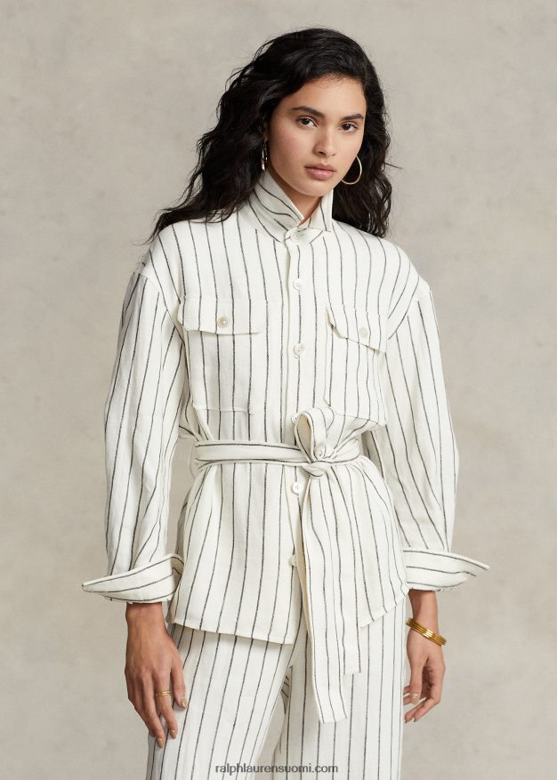 Ralph Lauren naiset vyöllinen raidallinen pellava-asupaita 0Z24ZR3190 kerma/ruskea raita