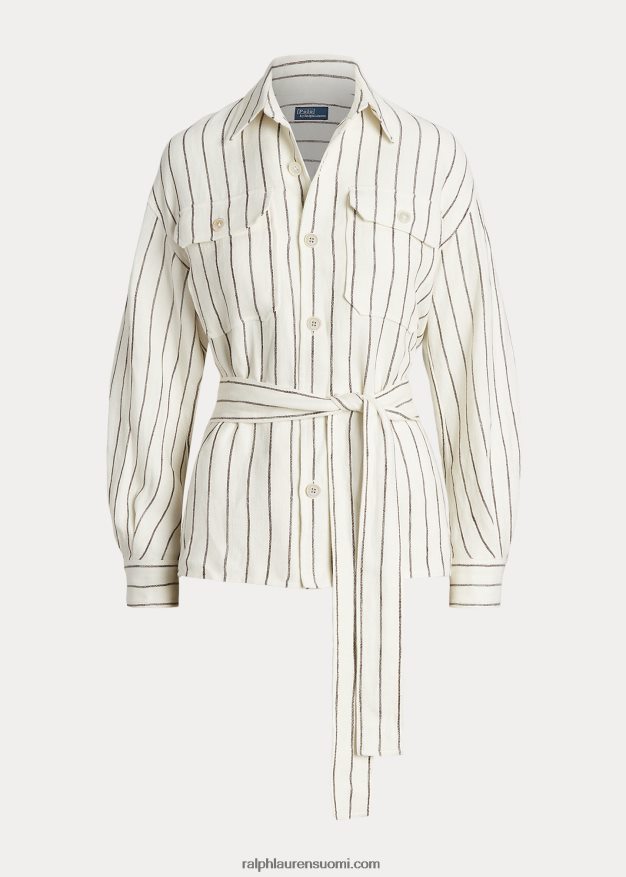 Ralph Lauren naiset vyöllinen raidallinen pellava-asupaita 0Z24ZR3190 kerma/ruskea raita
